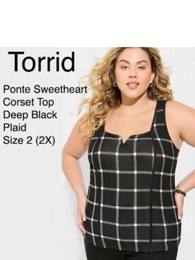 Torrid Ponte Sweetheart Corset Top - (Size 2X = 18-20) Deep Black Plaid - NWT